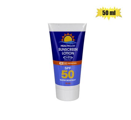 Health Glow Sunscreen Lotion SPF50 50ml tube Heat & Sun Protection Water Resistant