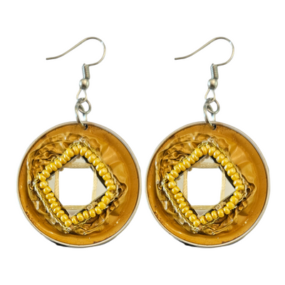 Handmade Ethnic Earrings Made from Recycled Nespresso Pods - Orange with mirror detail and Yellow Beads