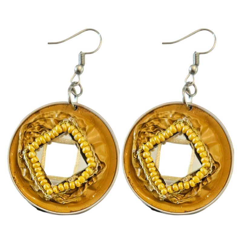 Handmade Ethnic Earrings Made from Recycled Nespresso Pods - Orange with mirror detail and Yellow Beads