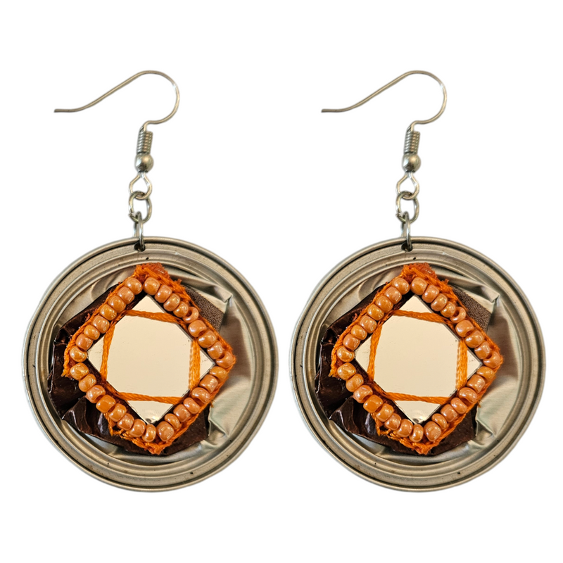 Handmade Ethnic Earrings Made from Recycled Nespresso Pods - Silver with mirror detail and Orange Beads