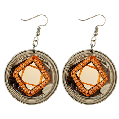 Handmade Ethnic Earrings Made from Recycled Nespresso Pods - Silver with mirror detail and Orange Beads