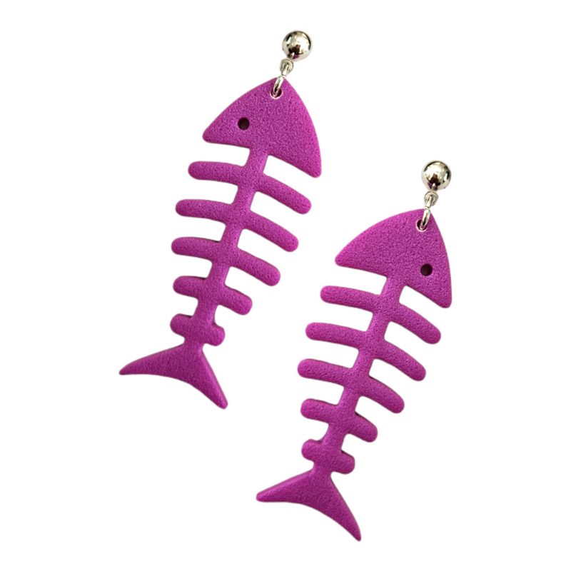 Fishbone Style Earrings with Silver stud Finish Purple 50mm x 20mm