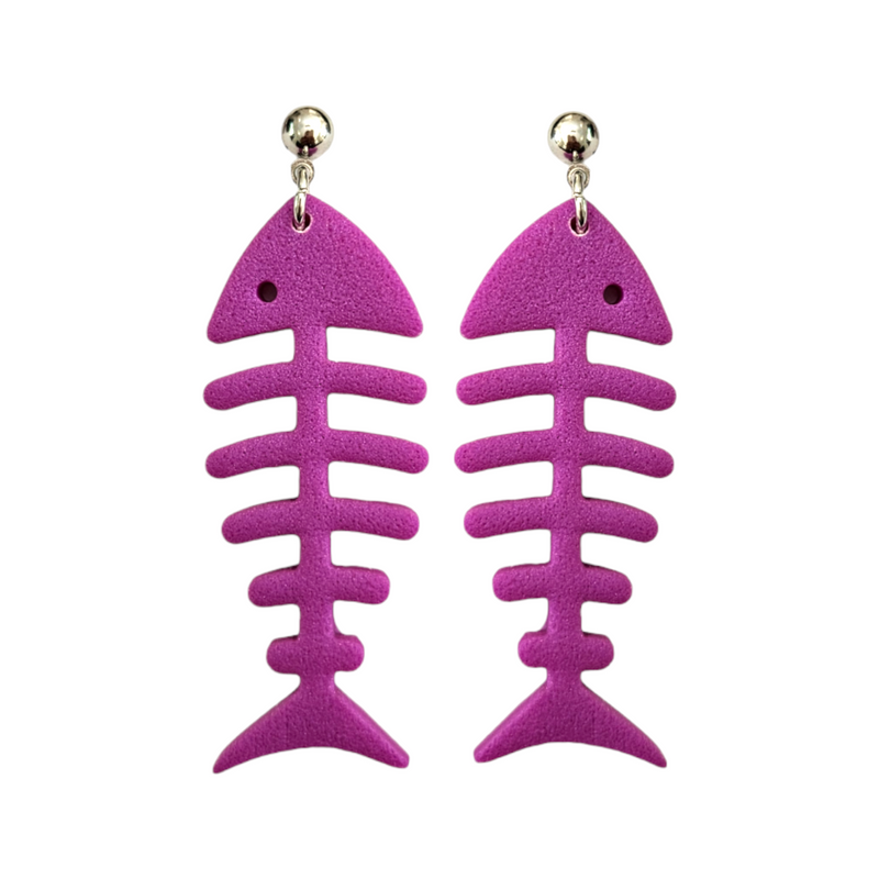 Fishbone Style Earrings with Silver stud Finish Purple 50mm x 20mm