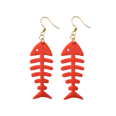 Fish Bone Styled Earring with Gold Hook Finish Orange 50mm x 20mm