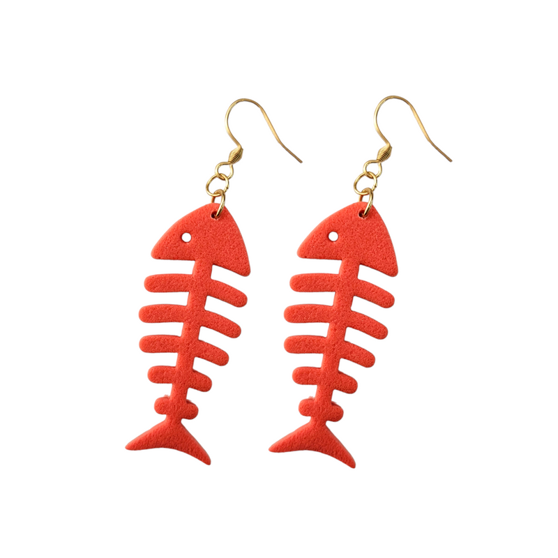 Fish Bone Styled Earring with Gold Hook Finish Orange 50mm x 20mm