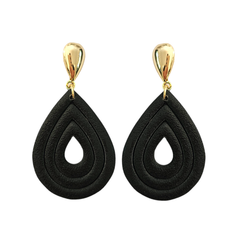 Teardrop Styled Earrings with Cutout and Gold Teardrop Finish Black 40mm x 30mm