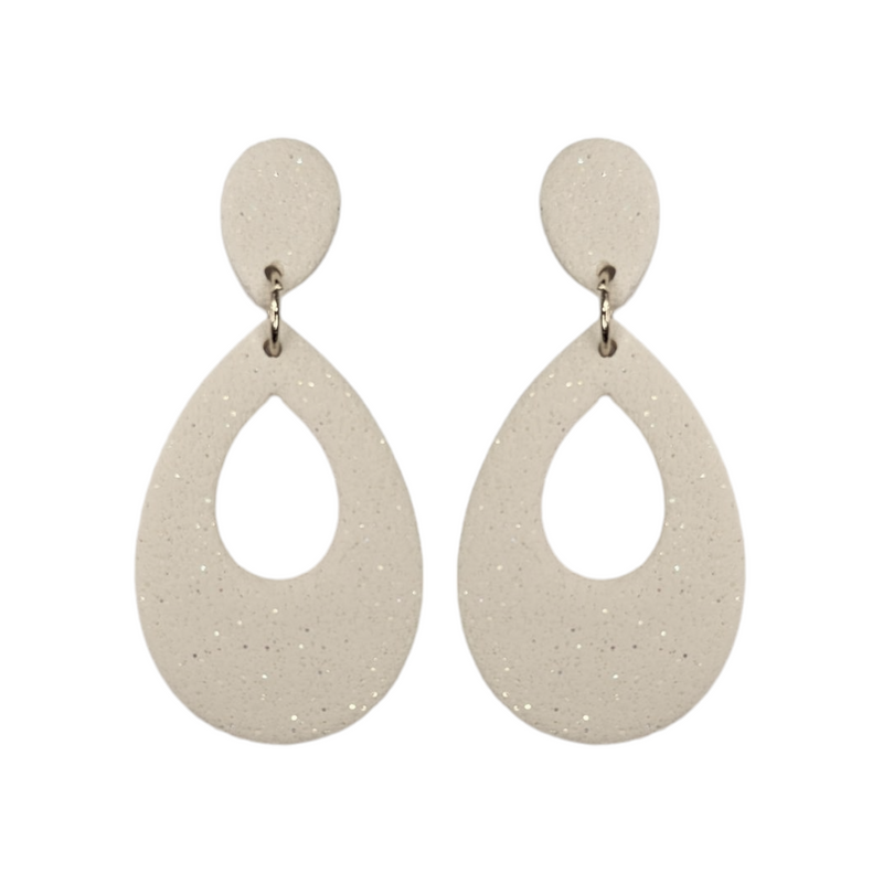 Teardrop Styled Earrings with Double Dangle and cutout, Stud Finish White 50mm x 5mm