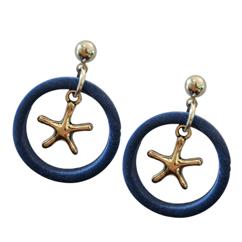 Round Hoop Styled Earrings with Starfish Charm with Silver Stud Finish French Blue 25mm x 25mm