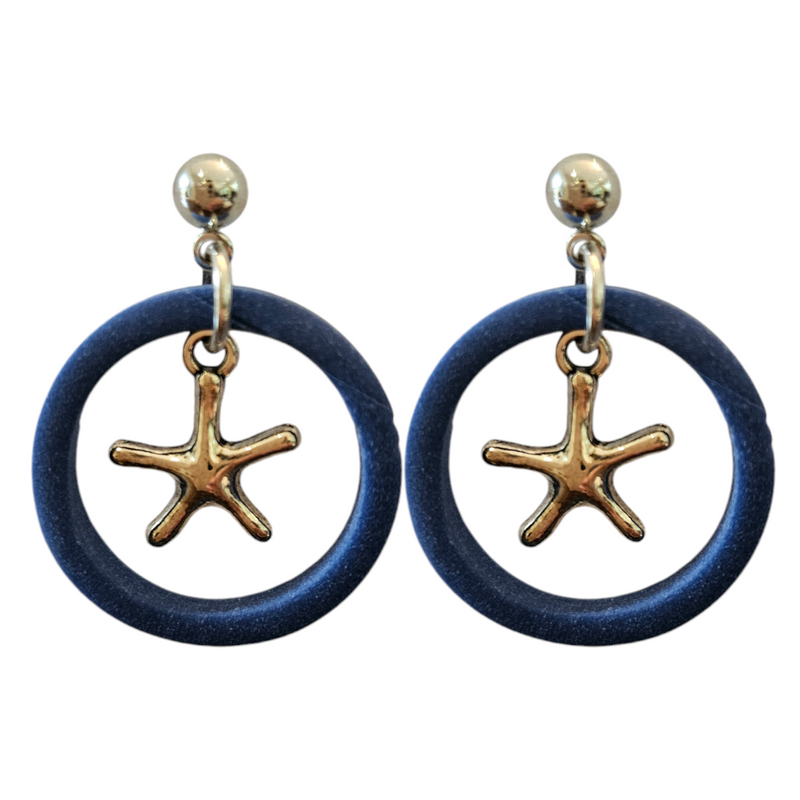 Round Hoop Styled Earrings with Starfish Charm with Silver Stud Finish French Blue 25mm x 25mm