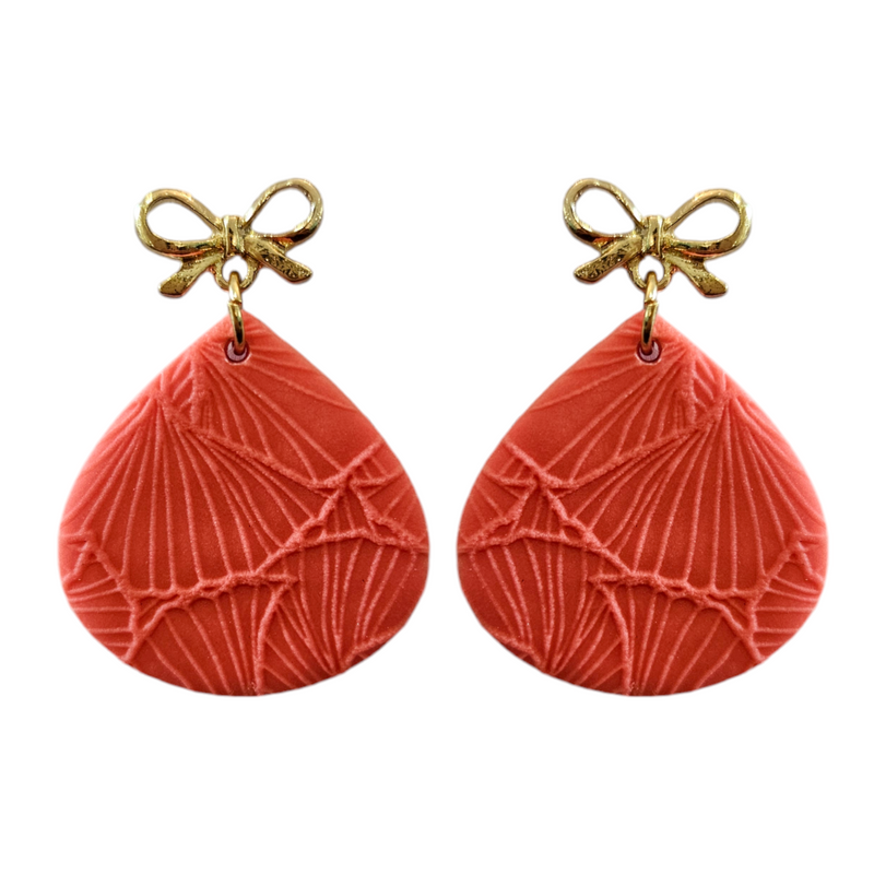 Textured teardrop Styled Earrings with Gold Bow Finish Orange 30mm x 30 mm