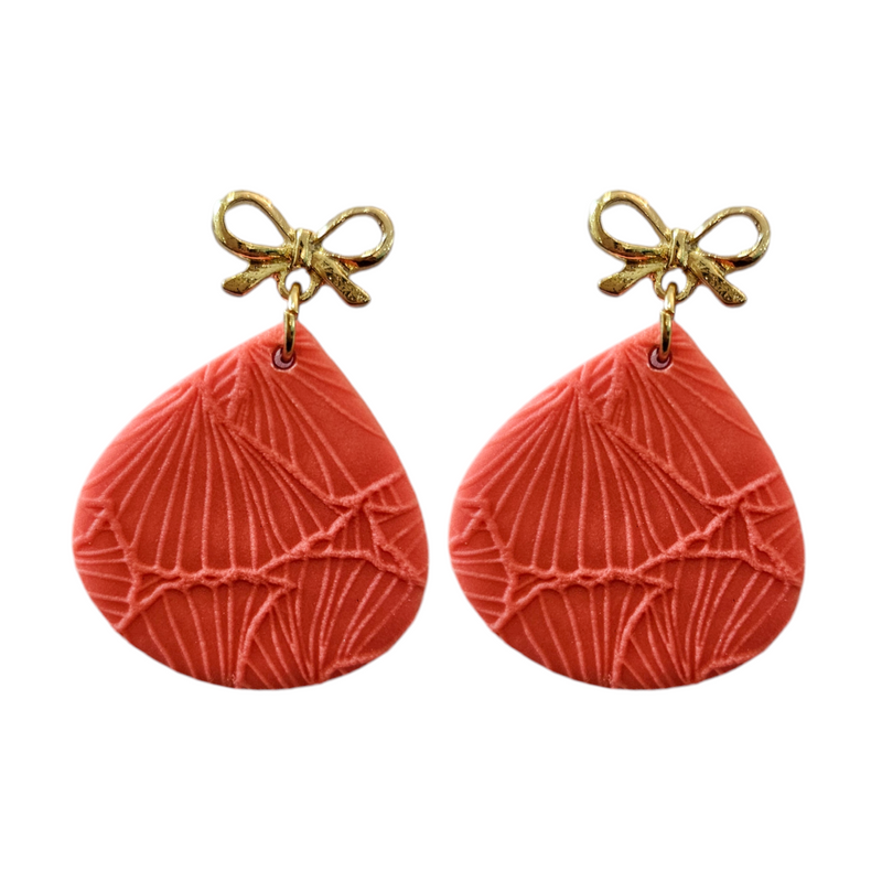 Textured teardrop Styled Earrings with Gold Bow Finish Orange 30mm x 30 mm