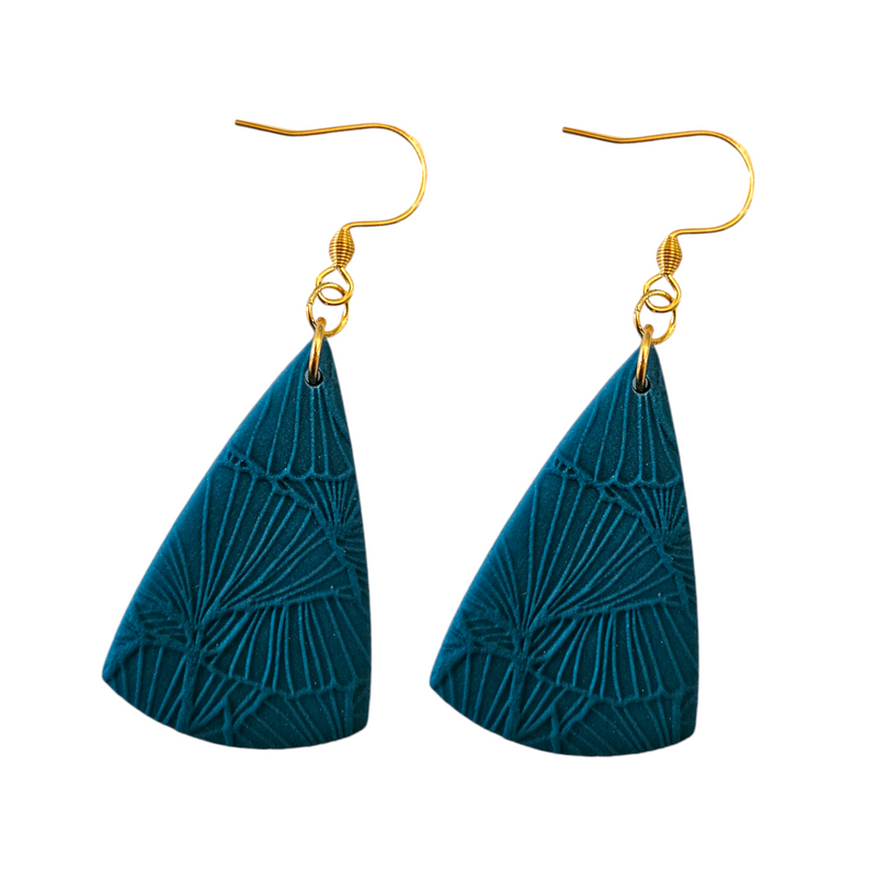 Textured Shield Styled Earrings with Gold Hook Finish Turquoise 40mm x 30mm