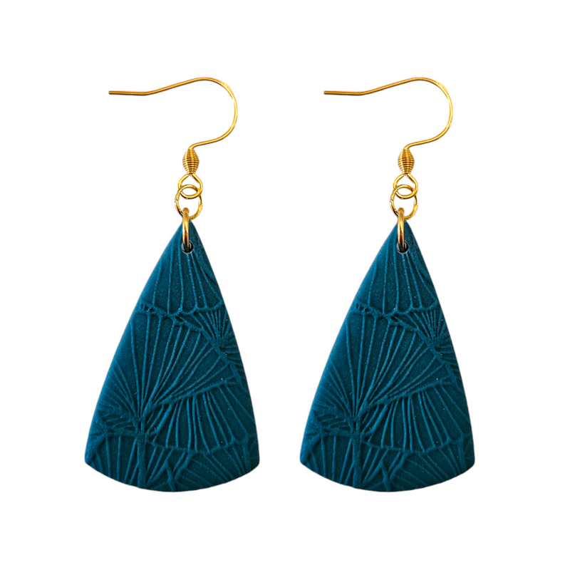 Textured Shield Styled Earrings with Gold Hook Finish Turquoise 40mm x 30mm