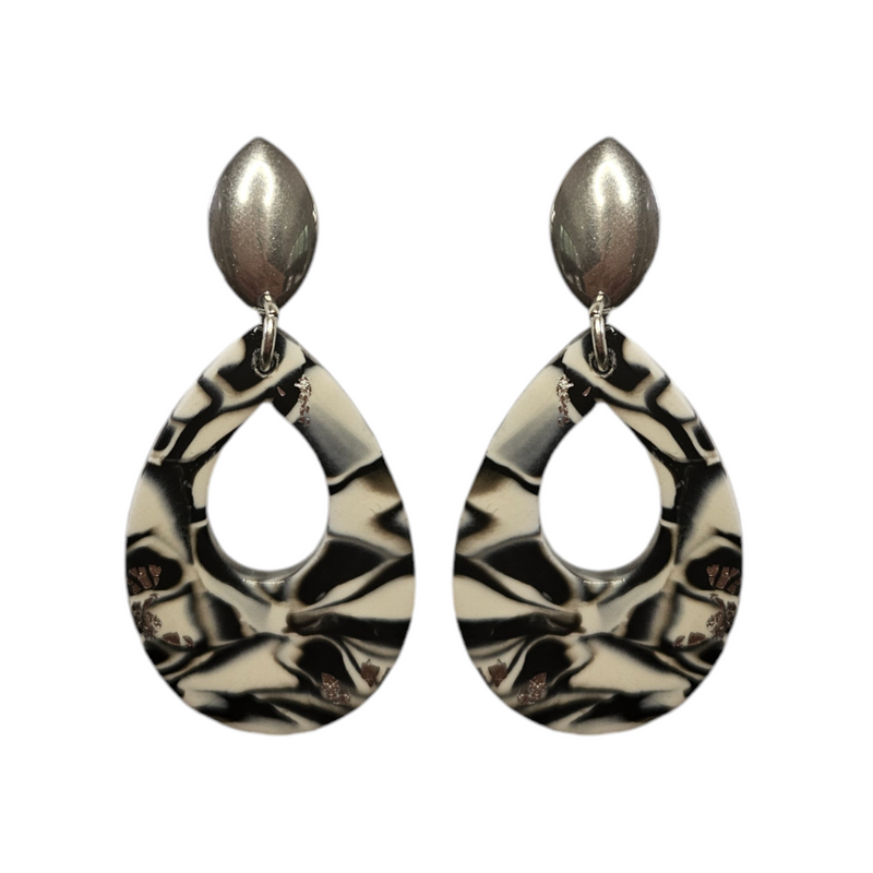 Teardrop Cutout Styled Earrings with Silver Stud Finish Black & White with Gold Leaf 50mm x 25 mm