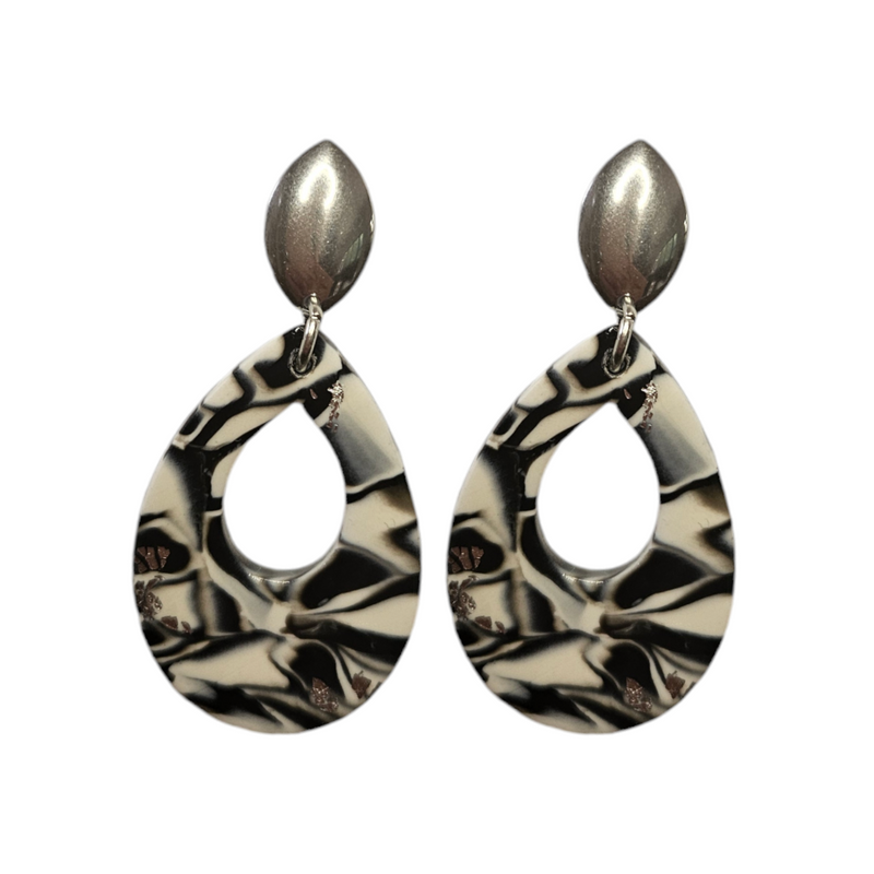 Teardrop Cutout Styled Earrings with Silver Stud Finish Black & White with Gold Leaf 50mm x 25 mm