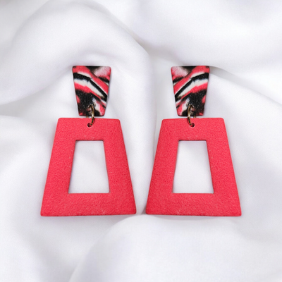 Retro Styled Earrings with Double Dangle Cerise Pink with Multi Colour Stud 50mm x 30mm