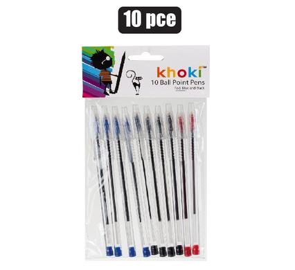 Khoki 10pack Ball Point Pens, 4x Black, 4x Blue and 2x Red Writing Pens