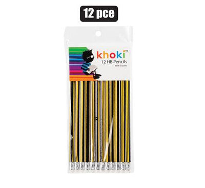 Khoki HB Pencil 12pc Pack with Erasers for School, Office or Creative Drawing