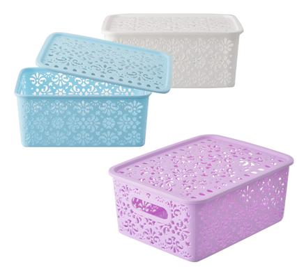 avenusa - Lace Design Rectangular Plastic Baskets With Lid 24x18x10cm - avenu.co.za - Home & Decor