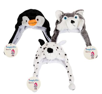 Unique Plush Animal Hats with Earflap & Tie Down, Warm and Snuggly