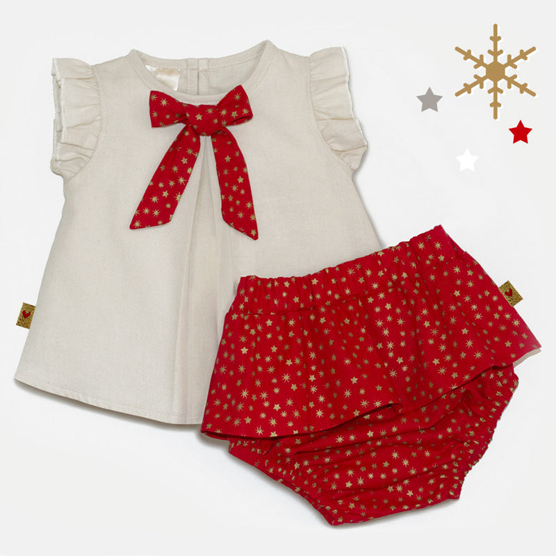 Starry Bow Frilly Baby Girl Cotton “Broekie” Set, 3-24 Months